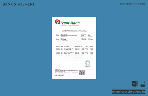 Beispiel für einen Kontoauszug der Bangladesh Trust Bank (Vorschau)
